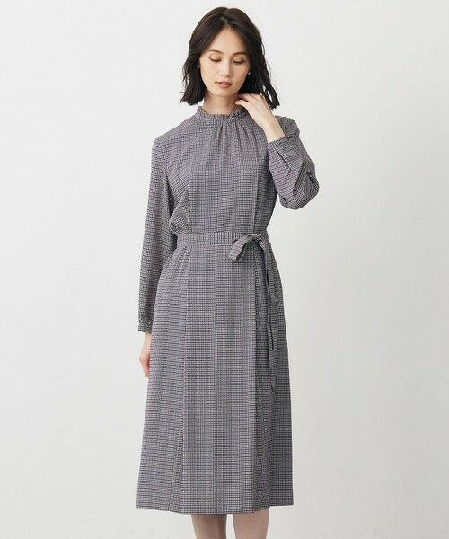 L size ONWARD(大きいサイズ)/エルサイズオンワード デシンハウンドトゥースプリント ワンピース ネイビー系 T15