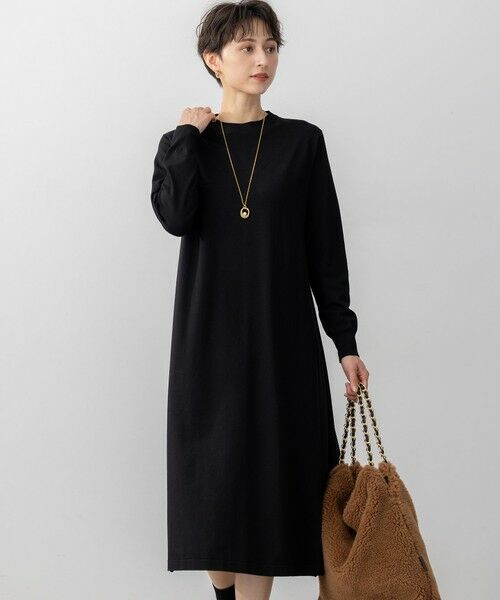 L size ONWARD(大きいサイズ)/エルサイズオンワード 【洗える/吊り干しOK】ヴィスコースストレッチ バックデザイン ニットワンピース ブラック系 46