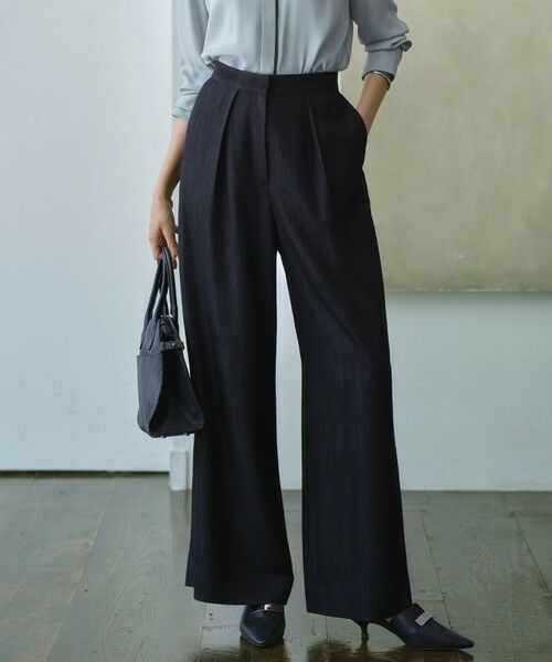L size ONWARD(大きいサイズ)/エルサイズオンワード 【洗える】 ドレープスラブデニム ワイドパンツ ブラック系 46