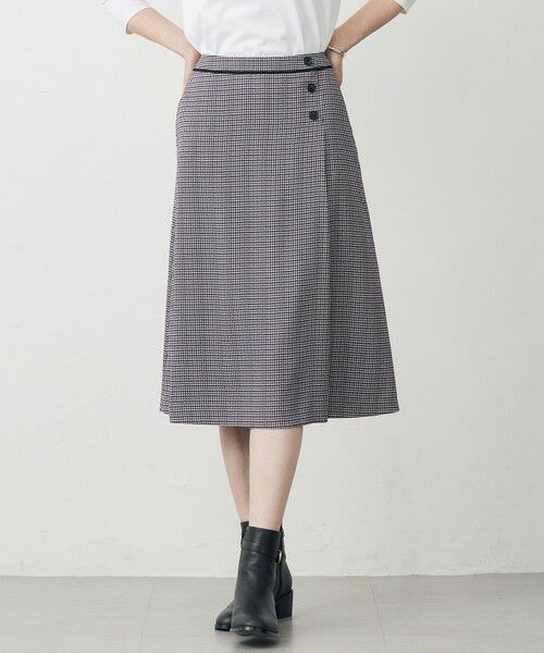 L size ONWARD(大きいサイズ)/エルサイズオンワード 【洗える】デシンハウンドトゥースプリント スカート ネイビー系 T13 L size ONWARD(大きいサイズ)/エルサイズオンワード 【洗える】デシンハウンドトゥースプリント スカート ネイビー系 T13