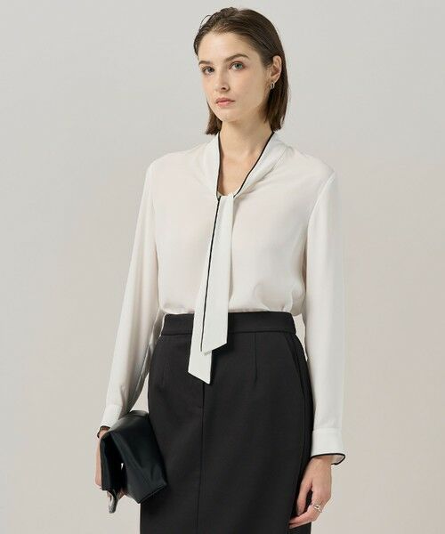 L size ONWARD(大きいサイズ)/エルサイズオンワード 【接触冷感・UVケア・速乾・洗える】BackSatinAmunzen 配色ボウタイブラウス オフホワイト系 L L size ONWARD(大きいサイズ)/エルサイズオンワード 【接触冷感・UVケア・速乾・洗える】BackSatinAmunzen 配色ボウタイブラウス オフホワイト系 L