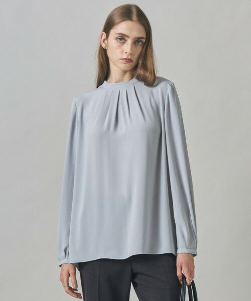 L size ONWARD(大きいサイズ)/エルサイズオンワード 【接触冷感・UVケア・速乾・洗える】BackSatinAmunzen ハイネックブラウス サックスグレー系 XL