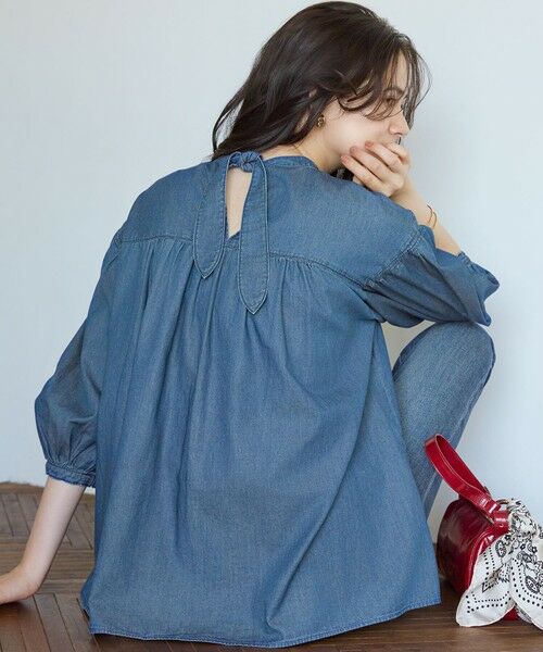 L size ONWARD(大きいサイズ)/エルサイズオンワード 【SLOW/一部店舗限定】ライトオンス デニム バックリボン ブラウス ブルー系 46