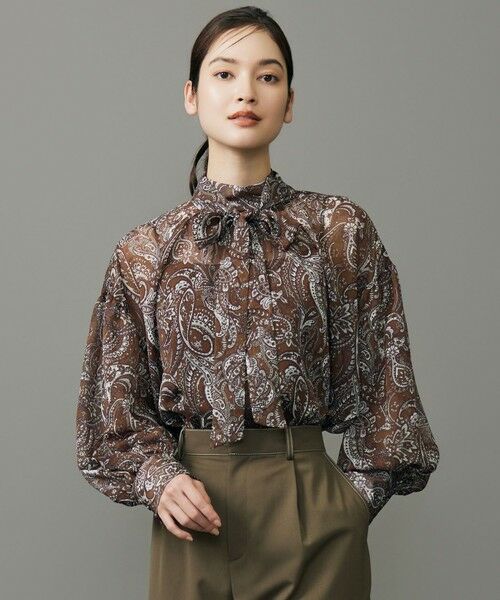 L size ONWARD(大きいサイズ)/エルサイズオンワード ペイズリープリントボウタイ ブラウス モカ 44