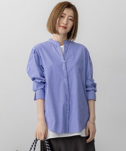 L size ONWARD(大きいサイズ)/エルサイズオンワード 【mi-molletコラボ/洗える】CANCLINI デザイン シャツ ブルーストライプ 48 L size ONWARD(大きいサイズ)/エルサイズオンワード 【mi-molletコラボ/洗える】CANCLINI デザイン シャツ ブルーストライプ 48