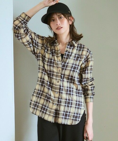 L size ONWARD(大きいサイズ)/エルサイズオンワード 【WEB限定】シャーリング チェック シャツ ブラックチェック 50