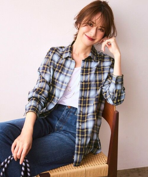 L size ONWARD(大きいサイズ)/エルサイズオンワード 【WEB限定】シャーリング チェック シャツ ブルーチェック 48