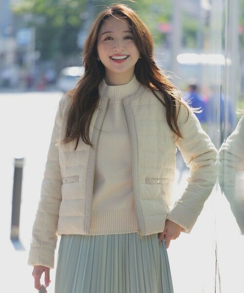 L size ONWARD(大きいサイズ)/エルサイズオンワード 【洗える】2WAY ツイードノーカラー ダウンジャケット アイボリー XL