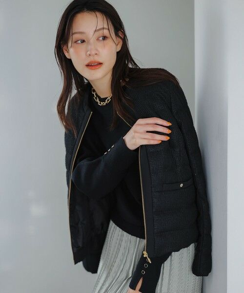 L size ONWARD(大きいサイズ)/エルサイズオンワード 【洗える】2WAY ツイードノーカラー ダウンジャケット ブラック XL