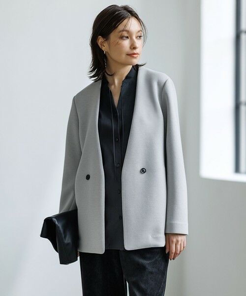 L size ONWARD(大きいサイズ)/エルサイズオンワード 【洗える】コンパクトWフェイス ノーカラージャケット ライトグレー系 L