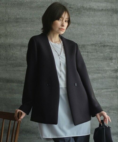 L size ONWARD(大きいサイズ)/エルサイズオンワード 【洗える】コンパクトWフェイス ノーカラージャケット ブラック系 L L size ONWARD(大きいサイズ)/エルサイズオンワード 【洗える】コンパクトWフェイス ノーカラージャケット ブラック系 L