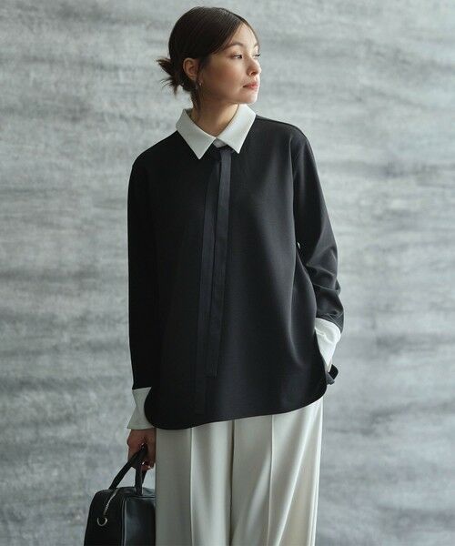 L size ONWARD(大きいサイズ) / エルサイズオンワード カットソー | マラボーテＷジョーゼット ボウタイ付きシャツカラートップス | 詳細20