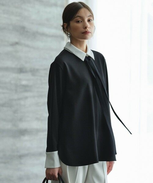 L size ONWARD(大きいサイズ)/エルサイズオンワード 【洗える】マラボーテＷジョーゼット ボウタイ付きシャツカラートップス ブラック系 L