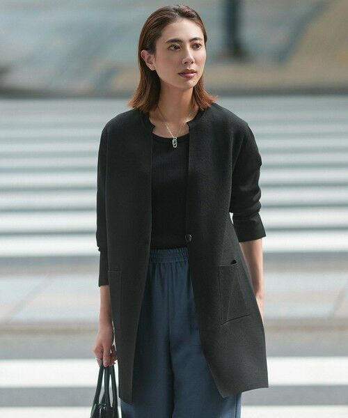 L size ONWARD(大きいサイズ)/エルサイズオンワード 【洗える】 アセテートミラノ ロングカーディガン ブラック系 L