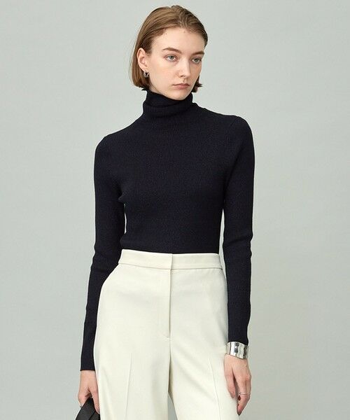 L size ONWARD(大きいサイズ)/エルサイズオンワード 【新色追加・洗える】エクストラファインメリノリブ タートルネックプルオーバー ネイビーラメ系 XL