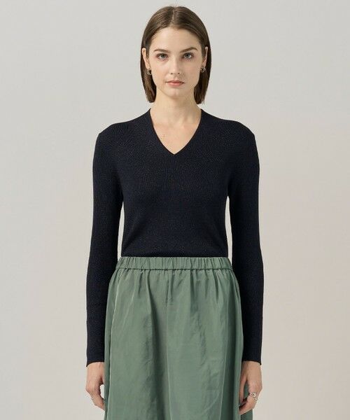 L size ONWARD(大きいサイズ)/エルサイズオンワード 【新色追加・洗える】 エクストラファインメリノリブ Vネックプルオーバー ネイビーラメ系 L