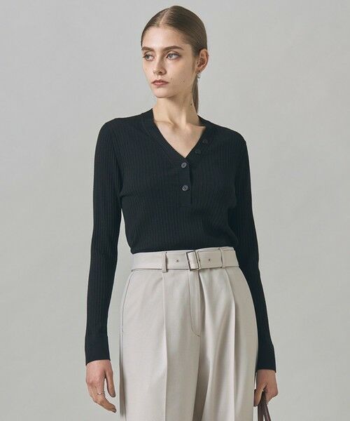 L size ONWARD(大きいサイズ)/エルサイズオンワード 【洗える】エクストラファインメリノリブ ヘンリーネック プルオーバー ブラック系 XL