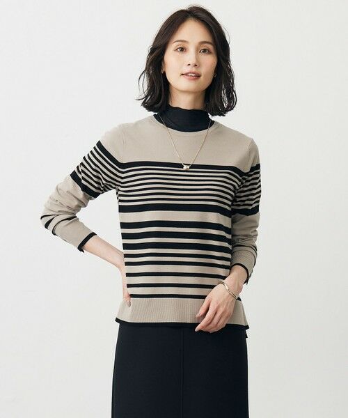 L size ONWARD(大きいサイズ)/エルサイズオンワード VIGODA ボーダー ニット モカ×ブラックボーダー系 T13 L size ONWARD(大きいサイズ)/エルサイズオンワード VIGODA ボーダー ニット モカ×ブラックボーダー系 T13