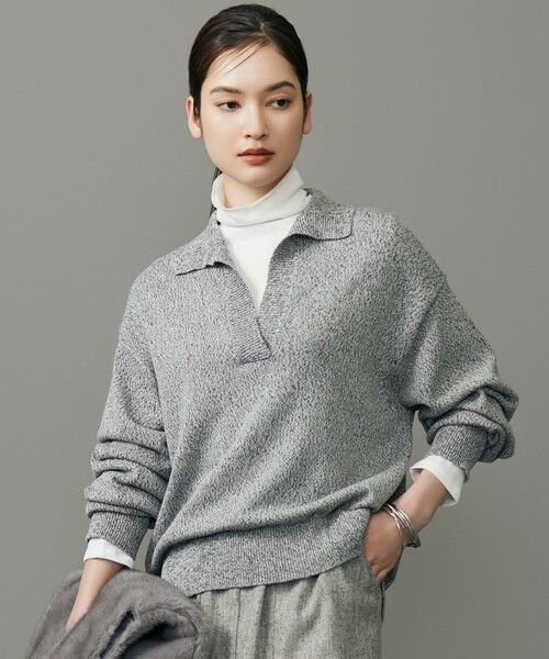 L size ONWARD(大きいサイズ)/エルサイズオンワード 【洗える】ペーパーウールコットン襟付き ニット グレー系 44