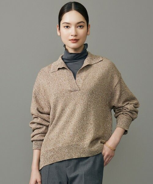 L size ONWARD(大きいサイズ)/エルサイズオンワード ペーパーウールコットン襟付き ニット キャメル系 44