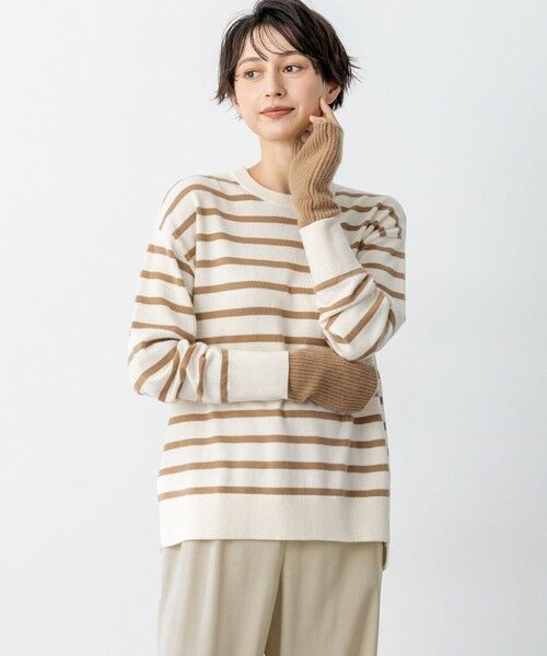 L size ONWARD(大きいサイズ)/エルサイズオンワード 【見上愛さん着用/洗える】ピュアカシミヤ クルーネック ニット オフ×キャメル 46 L size ONWARD(大きいサイズ)/エルサイズオンワード 【見上愛さん着用/洗える】ピュアカシミヤ クルーネック ニット オフ×キャメル 46