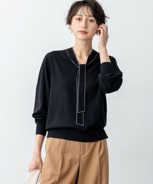 L size ONWARD(大きいサイズ)/エルサイズオンワード 【洗える】ウーステッドウール ボウタイ ニット ブラック系 48 L size ONWARD(大きいサイズ)/エルサイズオンワード 【洗える】ウーステッドウール ボウタイ ニット ブラック系 48