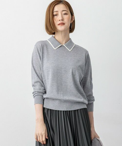 L size ONWARD(大きいサイズ)/エルサイズオンワード 【洗える】ウーステッドウール ポロニット ライトグレー系 46 L size ONWARD(大きいサイズ)/エルサイズオンワード 【洗える】ウーステッドウール ポロニット ライトグレー系 46
