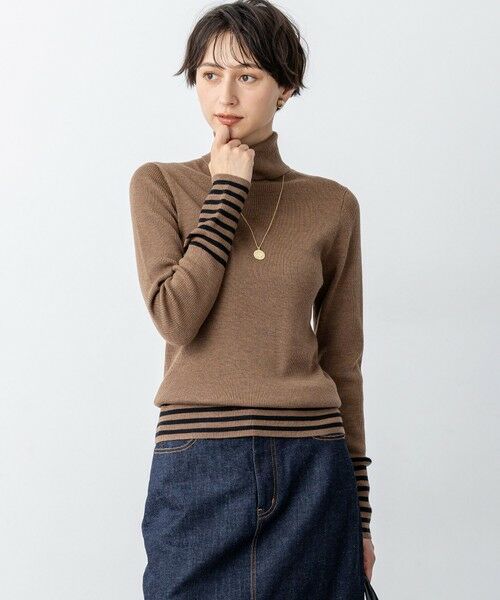 L size ONWARD(大きいサイズ)/エルサイズオンワード 【VERY12月号掲載/洗える】ウーステッドウール リブタートル ボーダー ニット キャメル×ブラック 46