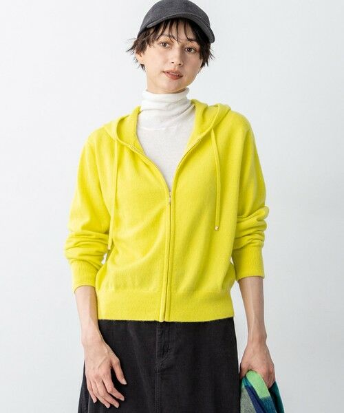 L size ONWARD(大きいサイズ)/エルサイズオンワード 【洗える】ピュアカシミヤ ジップアップ ニット パーカー イエロー系 46