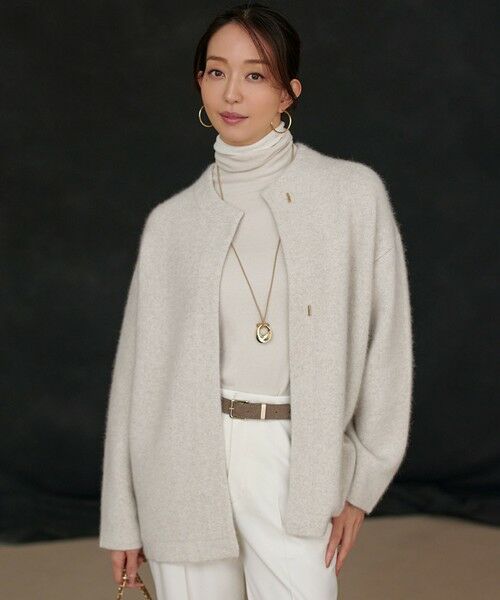 L size ONWARD(大きいサイズ)/エルサイズオンワード 【見上愛さん着用/洗える】ラクーンブレンドダブルフェイス ニット アウター アイボリー系 44