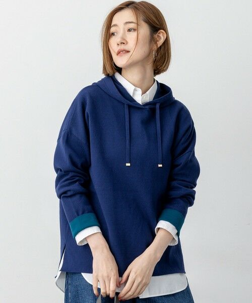 L size ONWARD(大きいサイズ)/エルサイズオンワード 【洗える】ダブルフェイスニット パーカー ブルー系 44