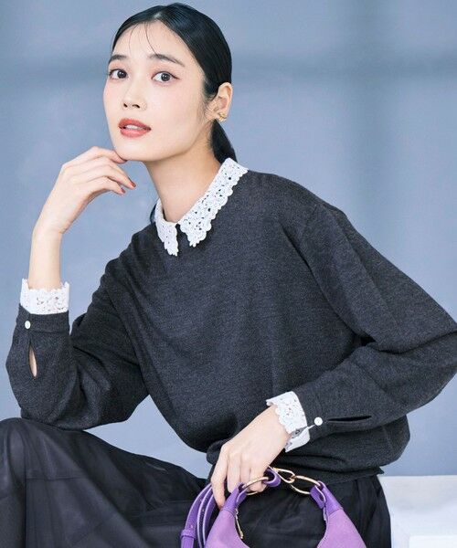 L size ONWARD(大きいサイズ) / エルサイズオンワード ニット・セーター | 【洗える】エンブロイダリー フラワーレースコンビ ニット(グレー系)