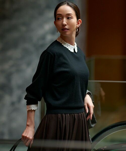 L size ONWARD(大きいサイズ) / エルサイズオンワード ニット・セーター | 【洗える】エンブロイダリー フラワーレースコンビ ニット(ブラック系)