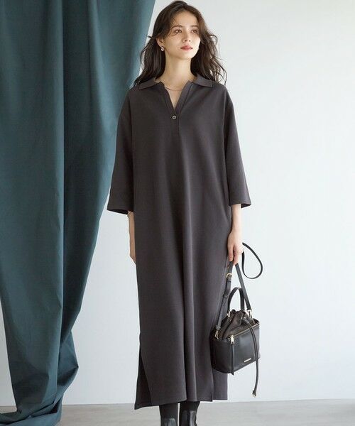 L size ONWARD(大きいサイズ)/エルサイズオンワード 【SLOW/一部店舗限定】ライトダンボール スキッパー ワンピース グレー系 44