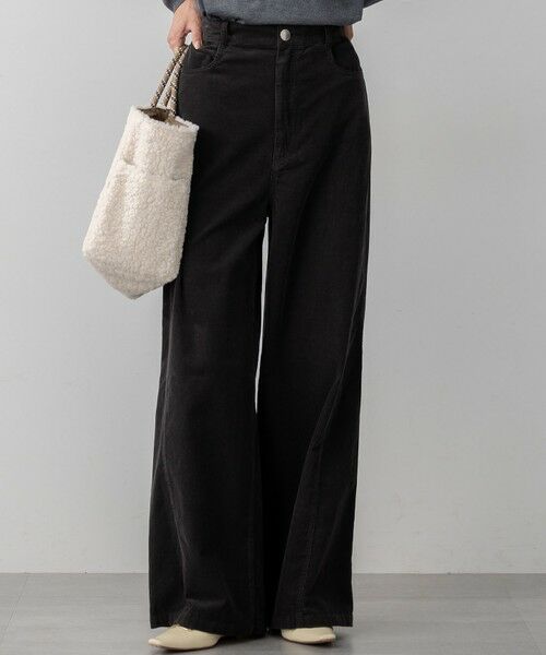 L size ONWARD(大きいサイズ)/エルサイズオンワード 【見上愛さん着用/洗える】コットン コーデュロイ ワイド パンツ チャコールブラック系 48