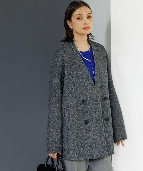 L size ONWARD(大きいサイズ)/エルサイズオンワード WoolRever ノーカラーショートコート ヘリンボーン系 46 L size ONWARD(大きいサイズ)/エルサイズオンワード WoolRever ノーカラーショートコート ヘリンボーン系 46