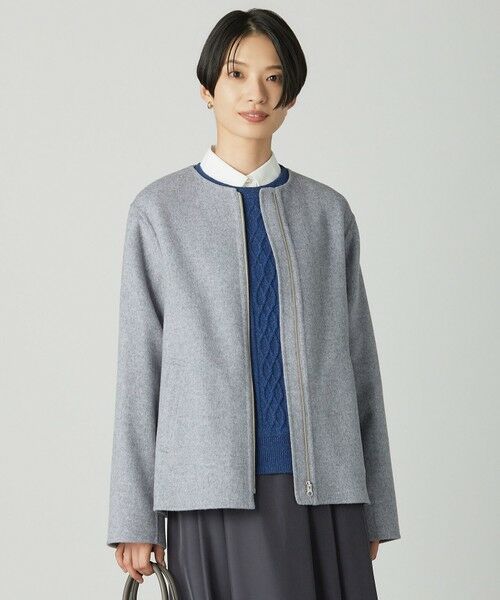 L size ONWARD(大きいサイズ)/エルサイズオンワード ウールナイロンリバー ノーカラー コート ライトグレー系 T15