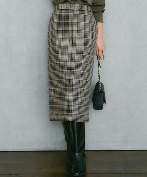 L size ONWARD(大きいサイズ)/エルサイズオンワード 【見上愛さん着用】ボンディングチェックツイード Iライン スカート ブラウンチェック 46