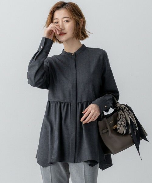 L size ONWARD(大きいサイズ)/エルサイズオンワード 【洗える】TWビエラ イレギュラーヘム ブラウス グレー系 44