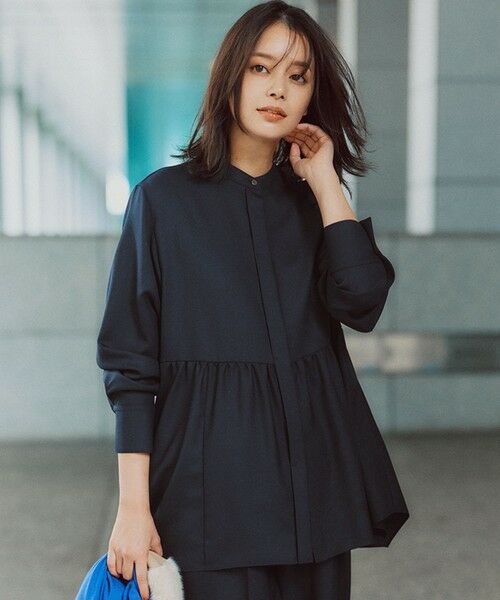 L size ONWARD(大きいサイズ)/エルサイズオンワード 【洗える】TWビエラ イレギュラーヘム ブラウス ネイビー系 46