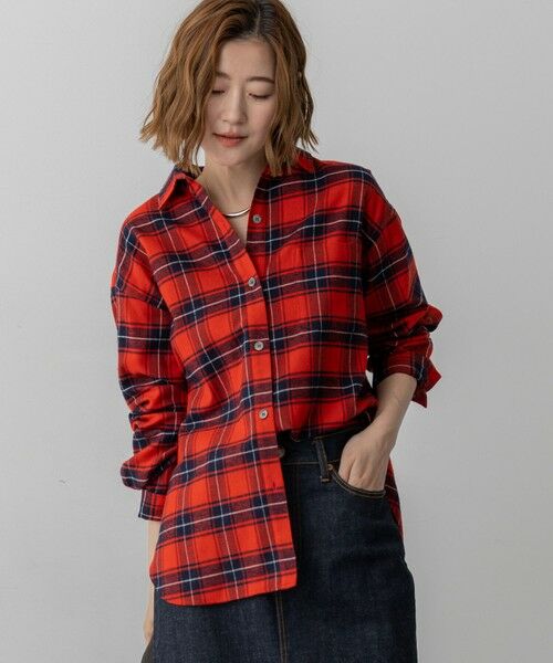 L size ONWARD(大きいサイズ)/エルサイズオンワード 【洗える】ブラッシュド ビエラチェック シャツ レッド系 48