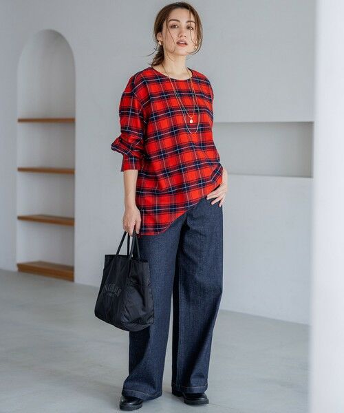 L size ONWARD(大きいサイズ) / エルサイズオンワード シャツ・ブラウス | 【Lサイズ限定】ブラッシュド ビエラチェック ノーカラーブラウス | 詳細7