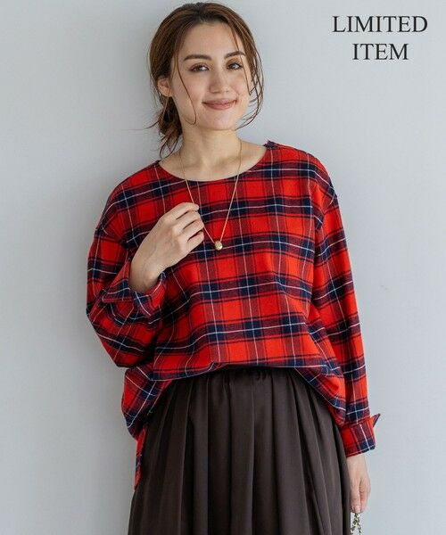 L size ONWARD(大きいサイズ)/エルサイズオンワード 【Lサイズ限定】ブラッシュド ビエラチェック ノーカラーブラウス レッド系 46