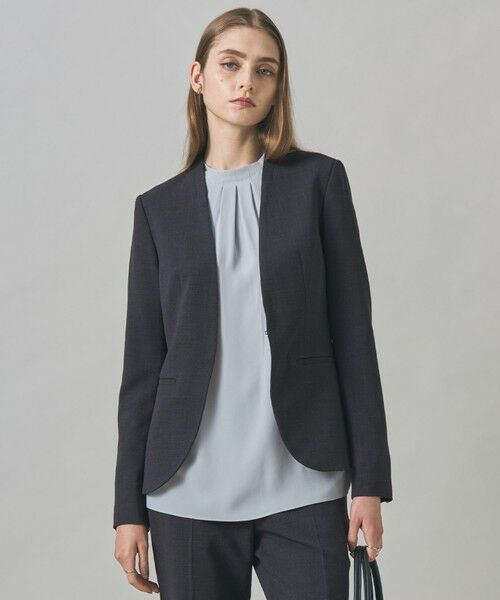 L size ONWARD(大きいサイズ)/エルサイズオンワード 【UVカット・洗える】ウール2WAYストレッチ ノーカラージャケット チャコール 42