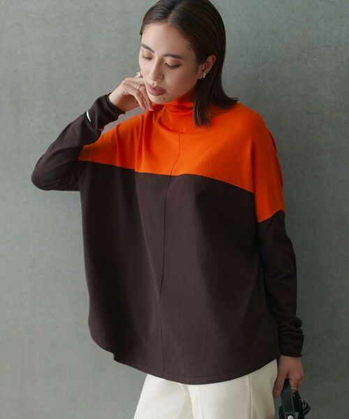 L size ONWARD(大きいサイズ) / エルサイズオンワード ニット・セーター | 【新色追加・WEB限定カラーあり】 ヴィスコースワイド タートルネックプルオーバー(オレンジ×ブラウン)