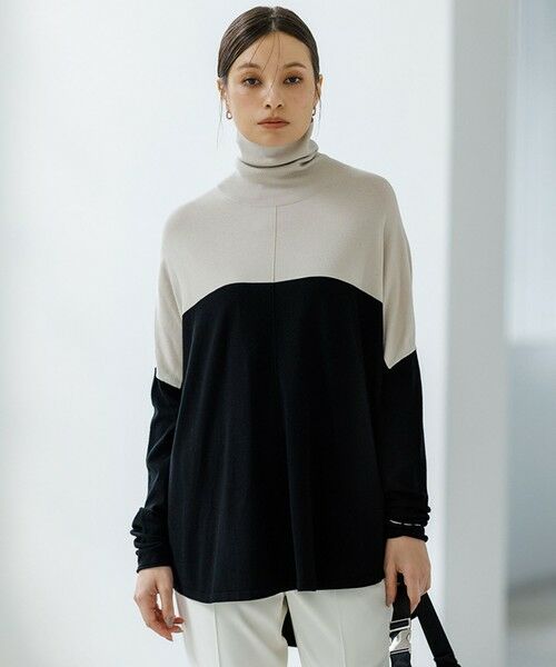 L size ONWARD(大きいサイズ)/エルサイズオンワード 【WEB限定カラーあり・洗える】 ヴィスコースワイド タートルネックプルオーバー トープ×ブラック L