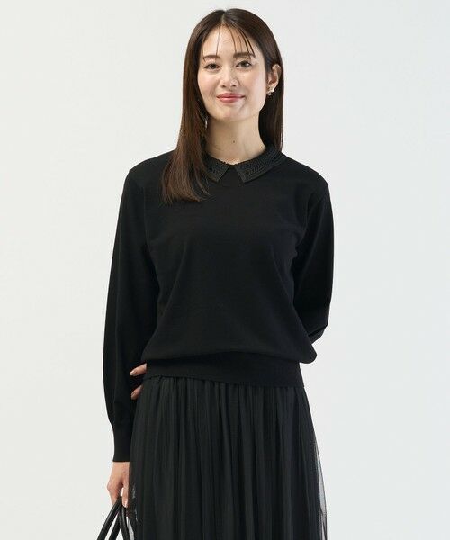 L size ONWARD(大きいサイズ) / エルサイズオンワード ニット・セーター | レーヨンストレッチ 刺?襟 ニット(ブラック×ブラック系)