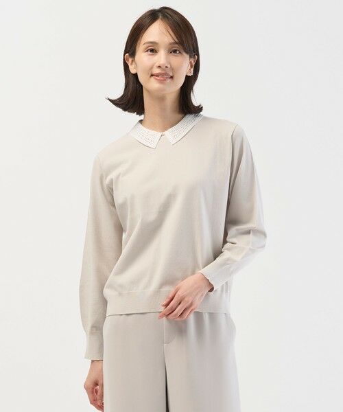 L size ONWARD(大きいサイズ) / エルサイズオンワード ニット・セーター | レーヨンストレッチ 刺?襟 ニット(ライトベージュ×オフ系)