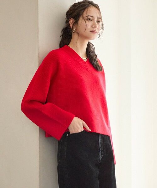 L size ONWARD(大きいサイズ)/エルサイズオンワード 【SLOW/一部店舗限定】ソフトウール Vネック ニット レッド系 44