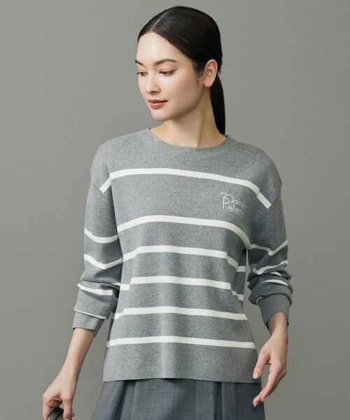 L size ONWARD(大きいサイズ)/エルサイズオンワード コットンウールハイゲージボーダー ニット グレー×オフ 44 L size ONWARD(大きいサイズ)/エルサイズオンワード コットンウールハイゲージボーダー ニット グレー×オフ 44